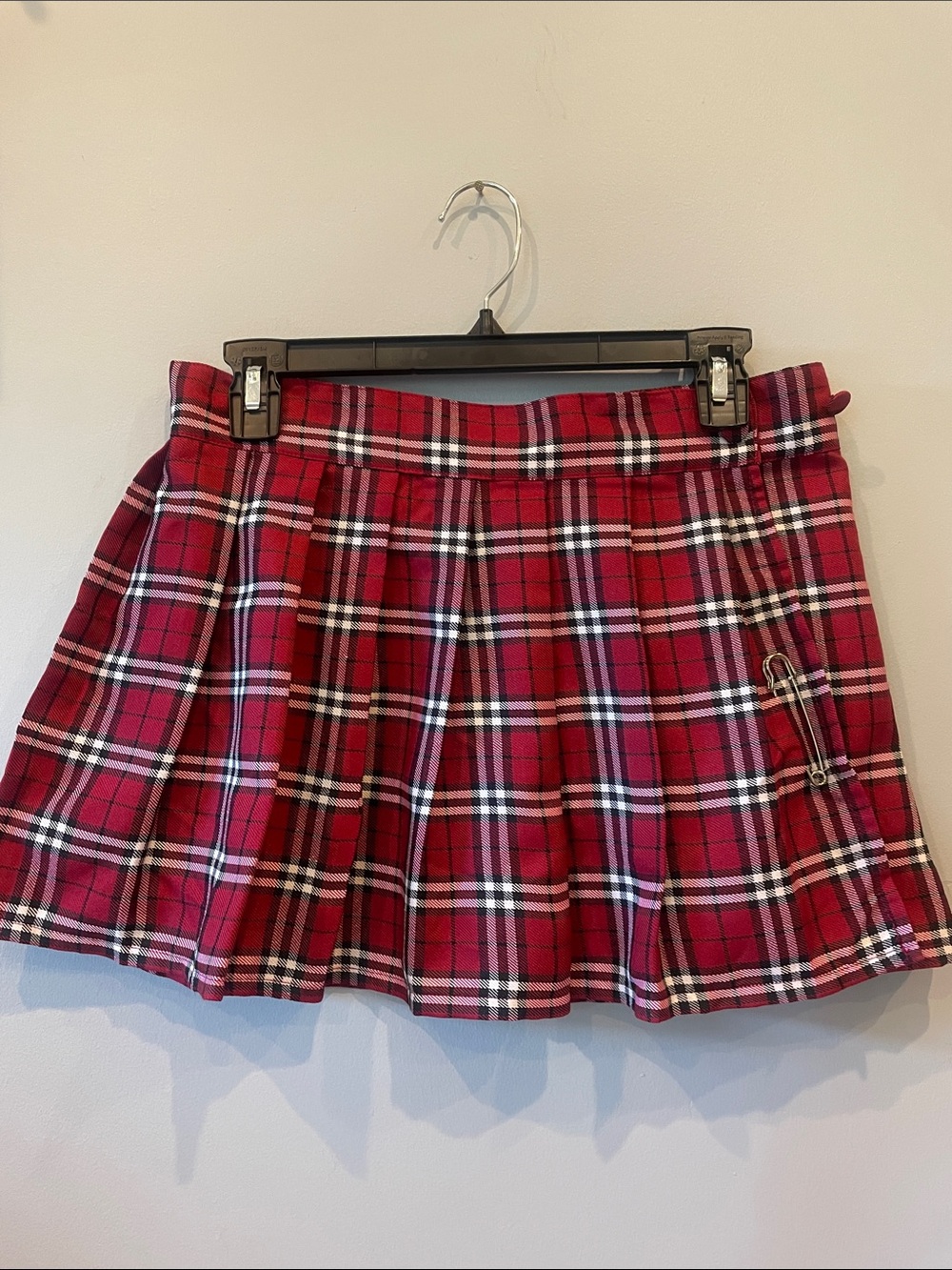 Spirit Red Plaid Pleated Mini Skirt with safety pin Detail